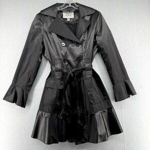 ABS Silver Label Trench Coat Womens S Black Ruffle Sleeve Hem Vtg Chic